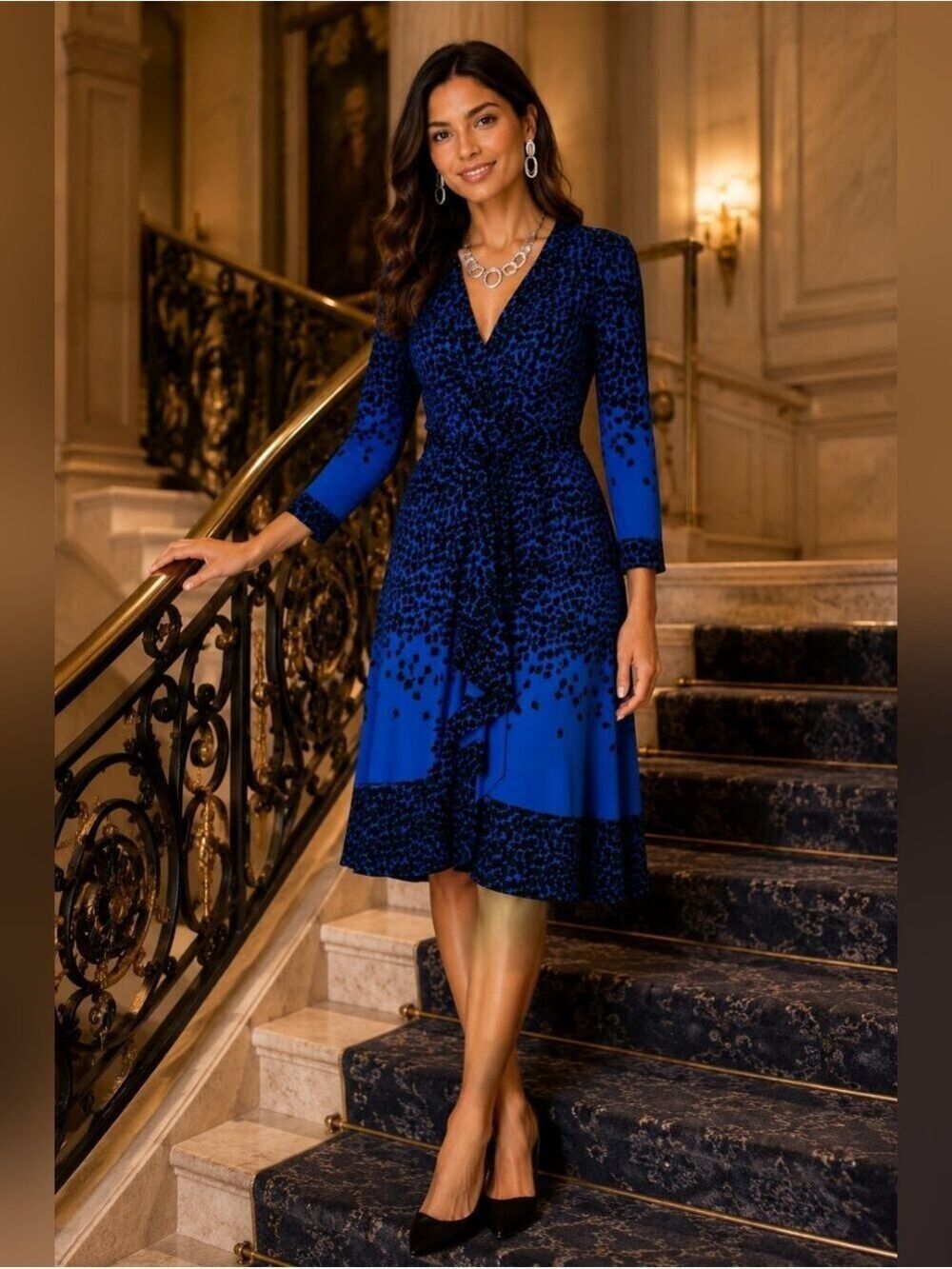 BCBGMAXAZRIA Blue Black Faux Wrap Midi Dress M Office Siren Cocktail Career - Picture 11 of 12